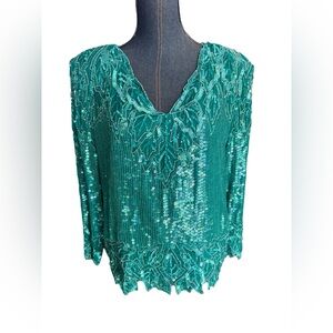 Vintage 1980s SCALA Turquoise Sequin Beaded Evening Party Holiday Blouse PXL